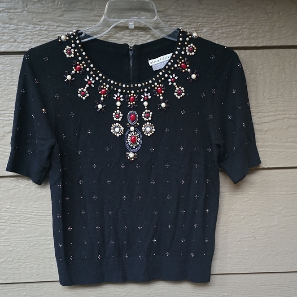 Alice + Olivia Beaded Pearl Embellished Short Sleeve Sweater Neiman Marcus M - Picture 5 of 12